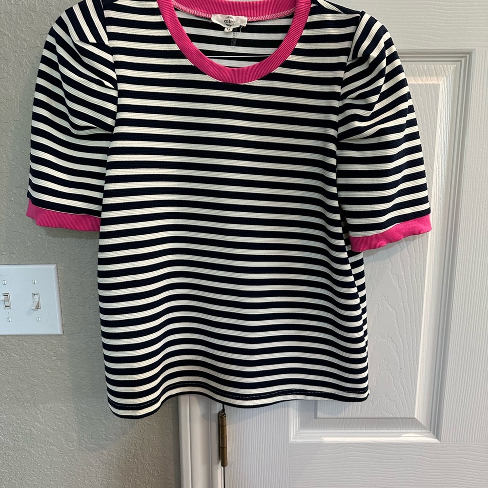 Entro Black and White Striped Top with Pink Trim